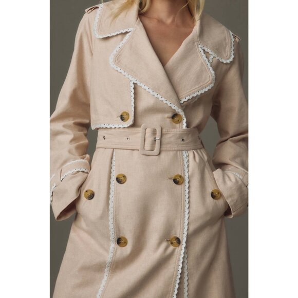 Avec Les Filles Anthropologie Rickrack Trench coat Beige Large Cotton Linen Lace - Picture 3 of 16